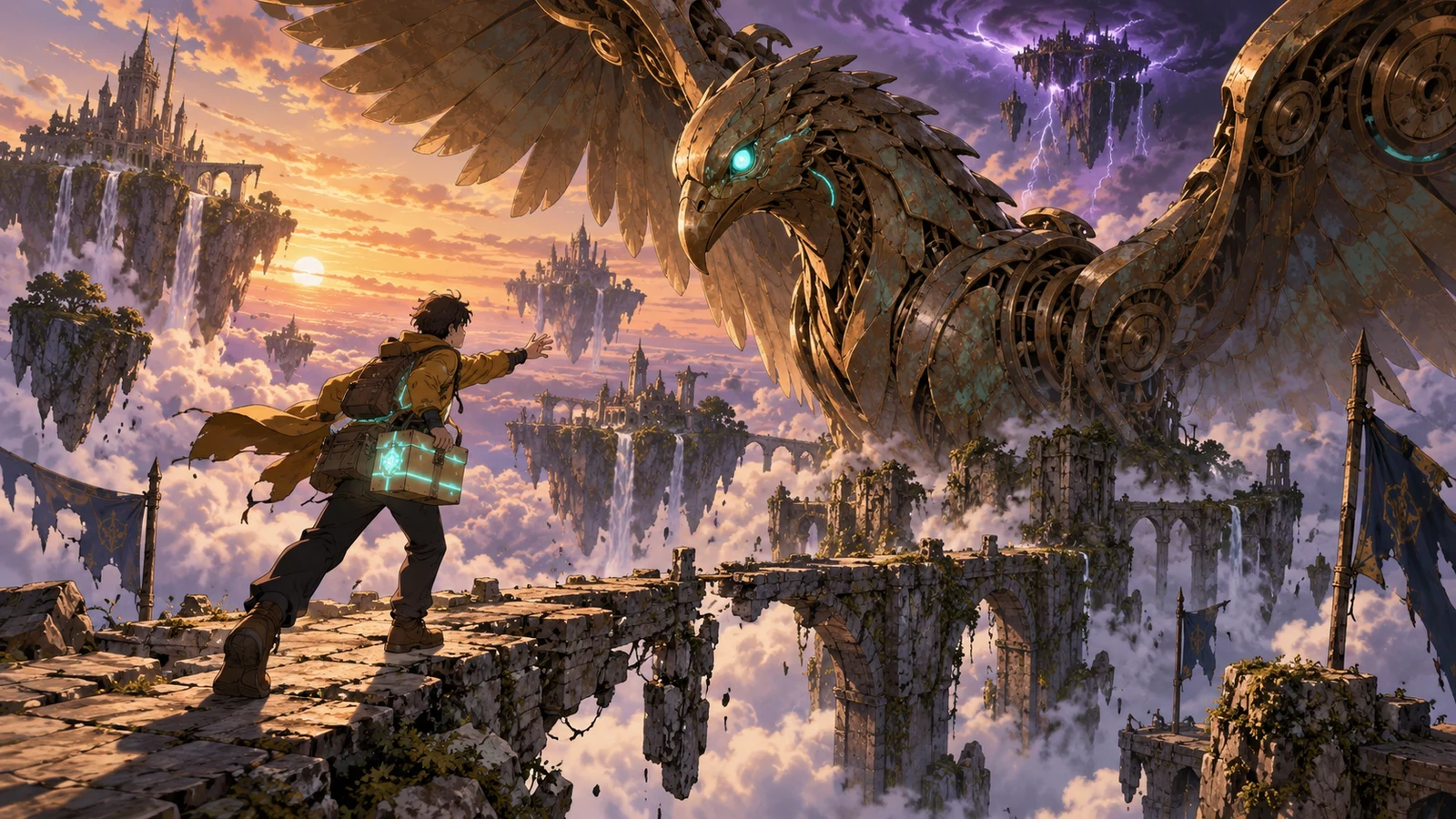 An anime courier with a glowing parcel beside a mechanical bird at a broken sky bridge