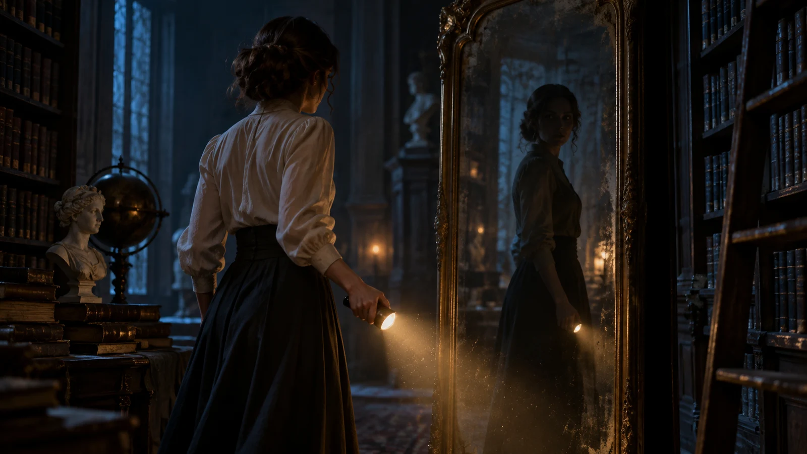 A night archivist in a dim archive with an unsettling mirror reflection