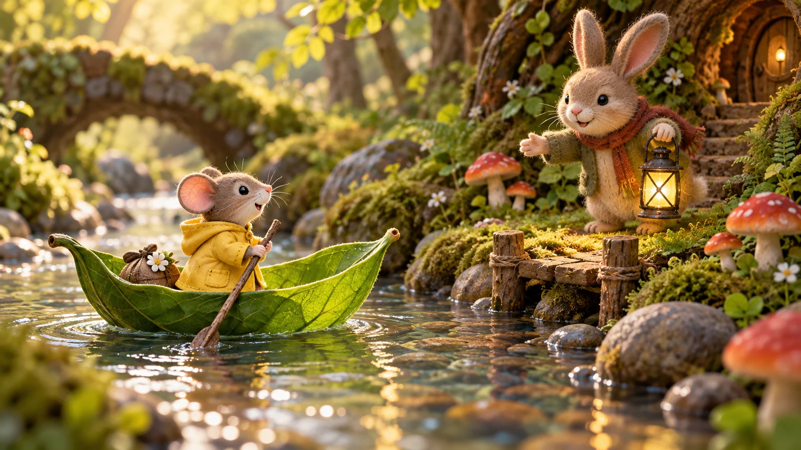 A small mouse travelling across a woodland river in a leaf boat