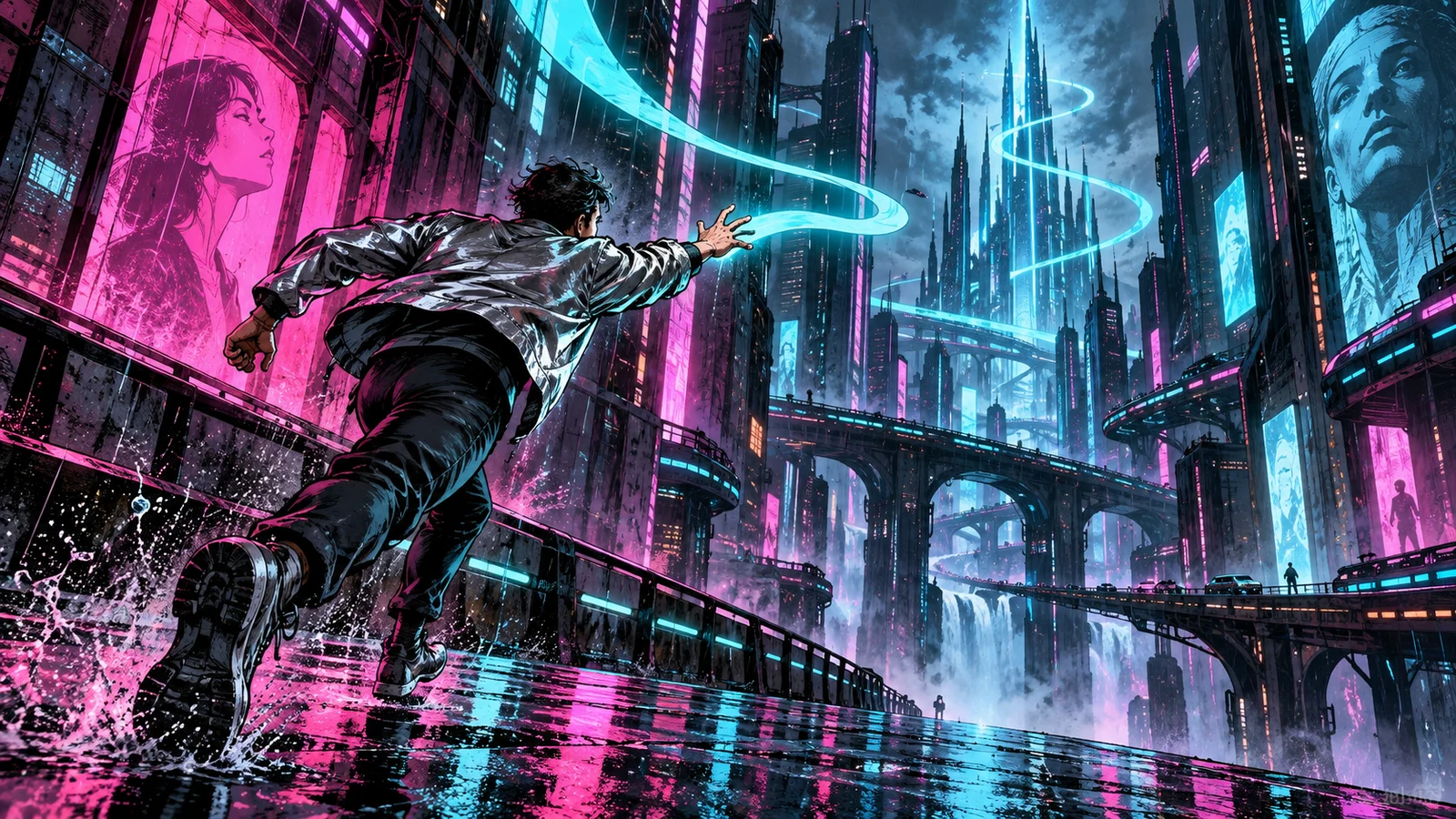 A runner following a cyan light trail through a rain-soaked futuristic city