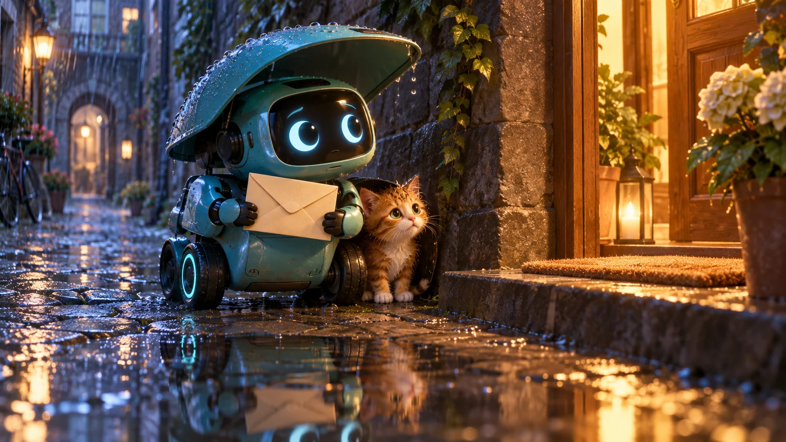 A delivery robot helping a small kitten during a rainy city journey