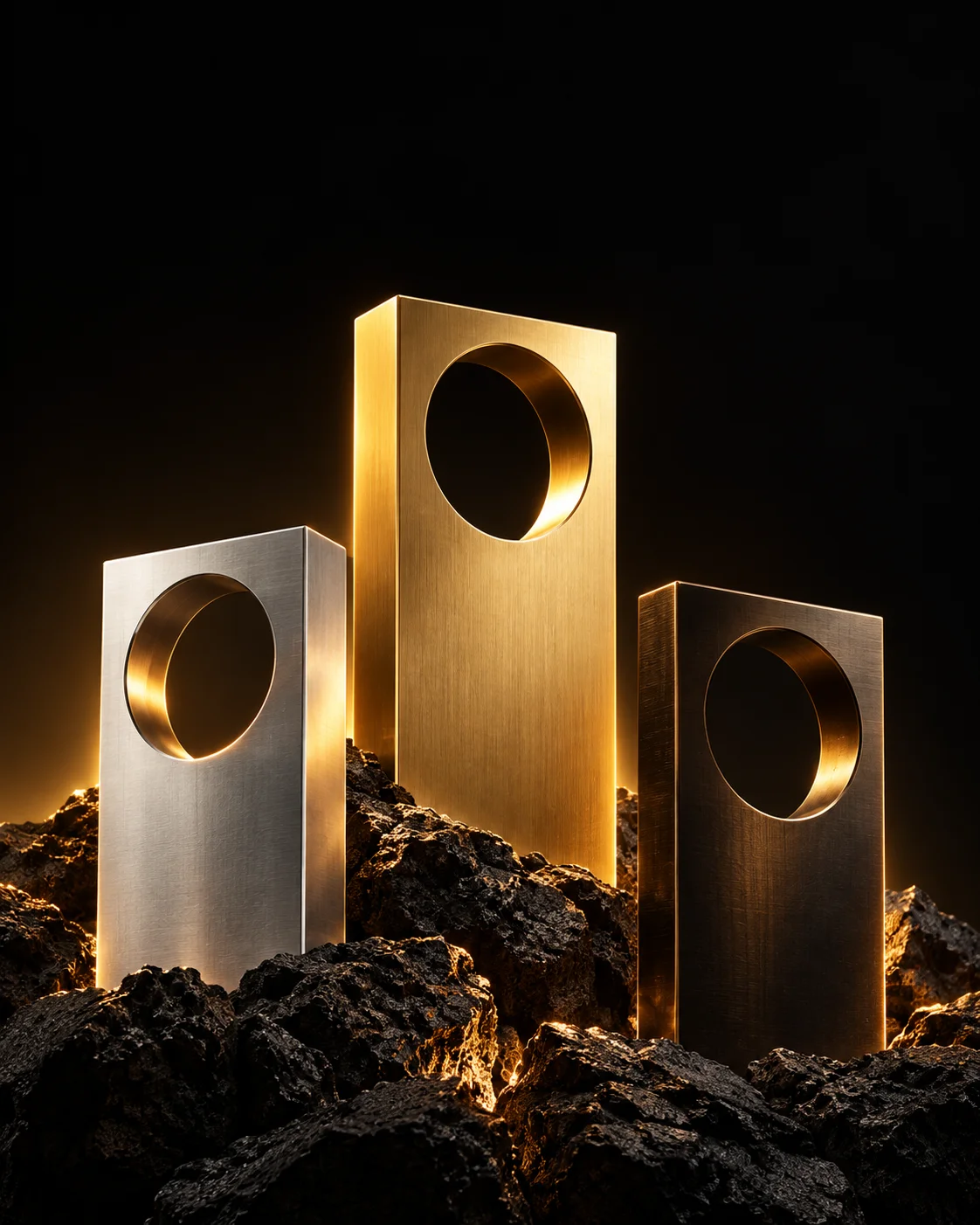 Three sculptural gold speakers on black rocks in a dark studio.