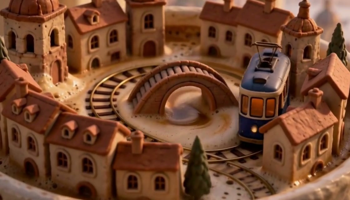 A miniature city rising from coffee