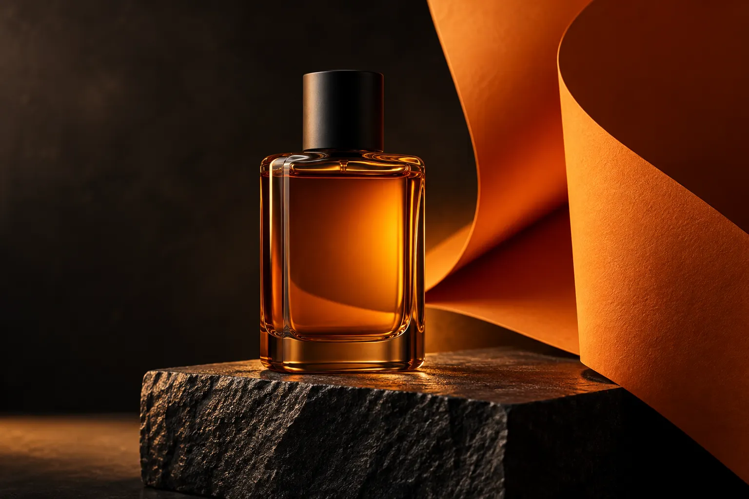 Amber perfume on dark stone with sculptural orange light and clean negative space.
