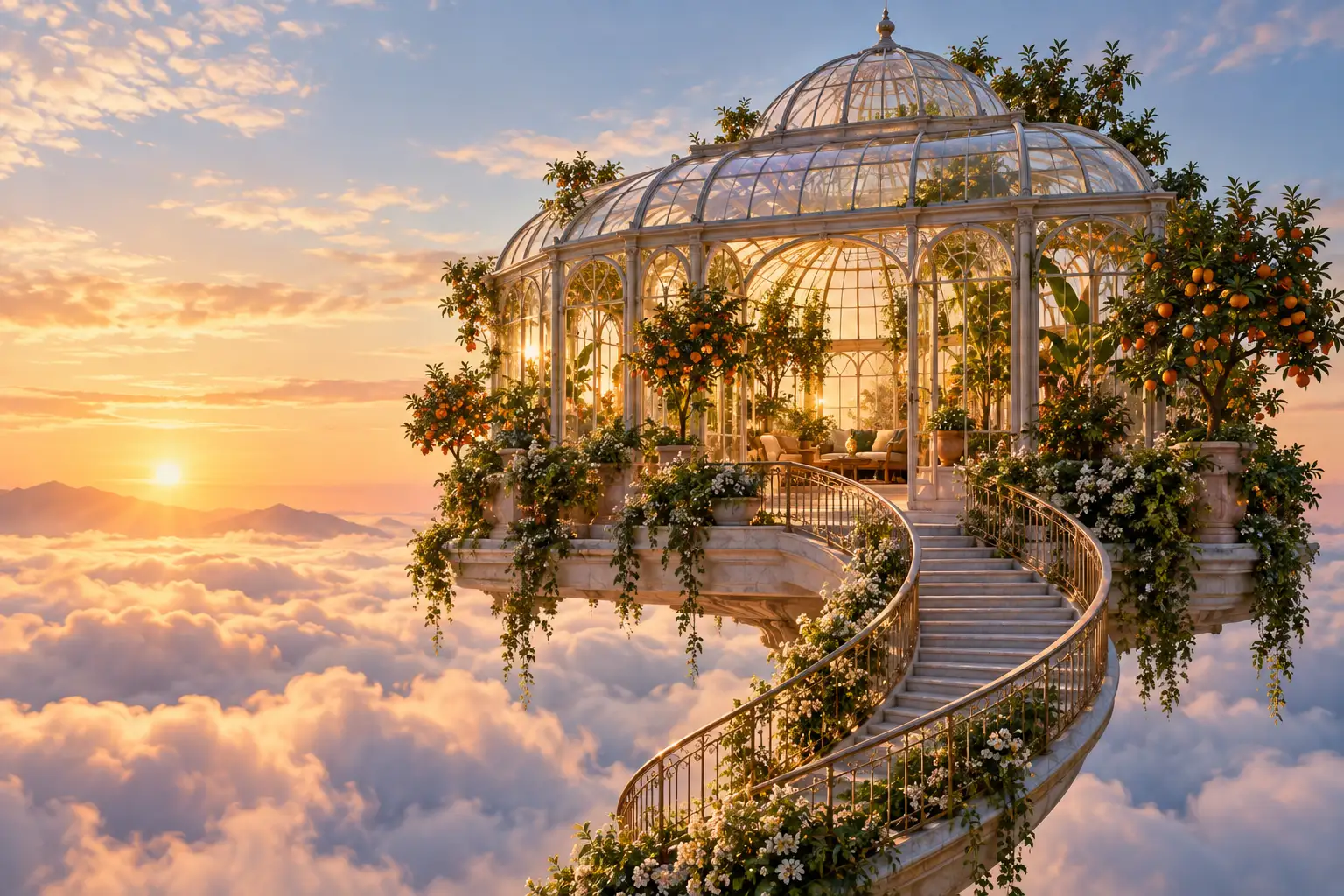 A flowering glass conservatory and curved stairway suspended above sunset clouds.