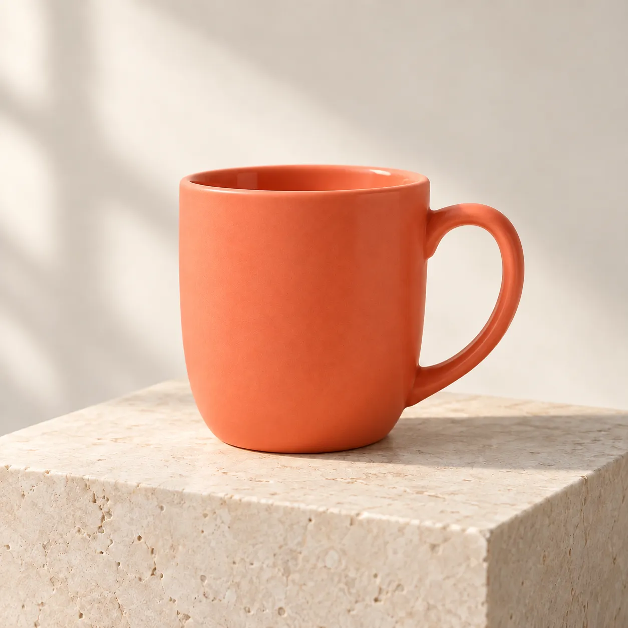 An orange ceramic cup retains the shape, handle and daylight of the white reference.