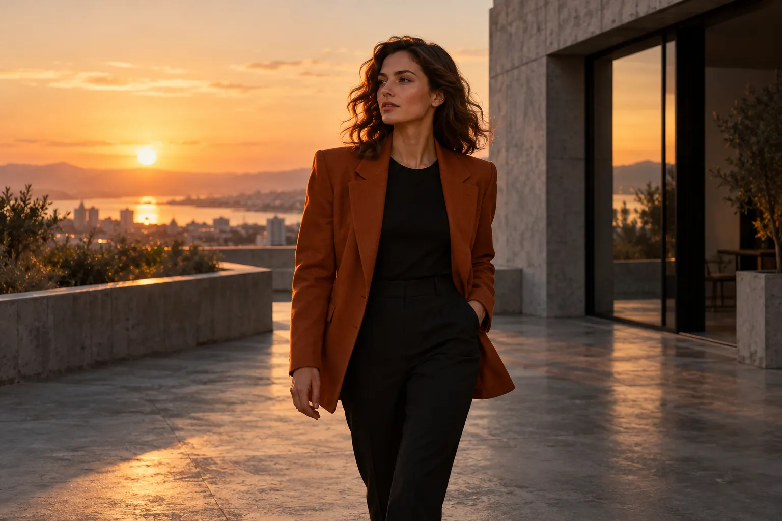 An adult woman in an amber blazer at a sunset terrace overlooking the sea.