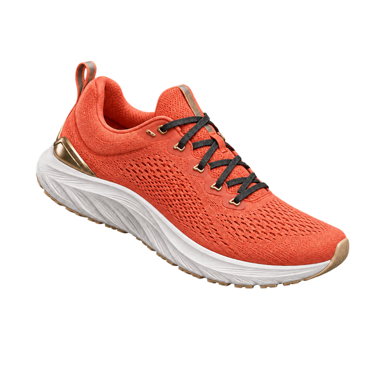 Complete coral sneaker isolated from a teal studio background with real transparency