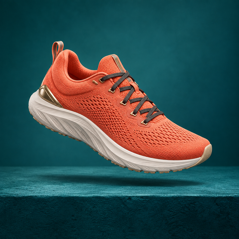 Complete coral sneaker isolated from a teal studio background with real transparency