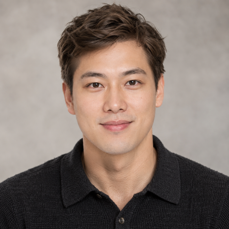 Face replaced: Clear frontal male portrait with a new face identity and unchanged hair, polo and studio