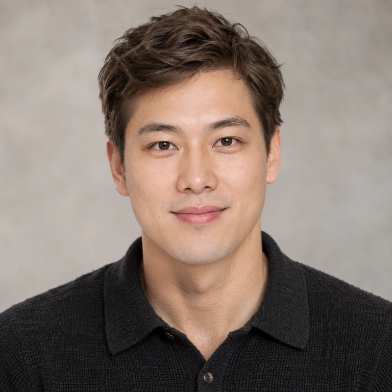 Face replaced: Clear frontal male portrait with a new face identity and unchanged hair, polo and studio
