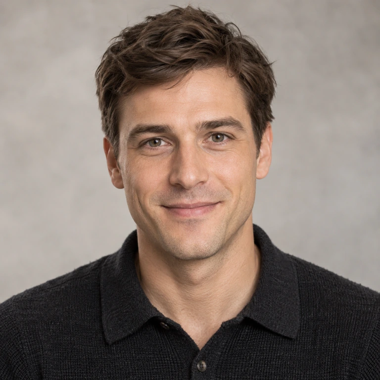 Original: Clear frontal male portrait with a new face identity and unchanged hair, polo and studio