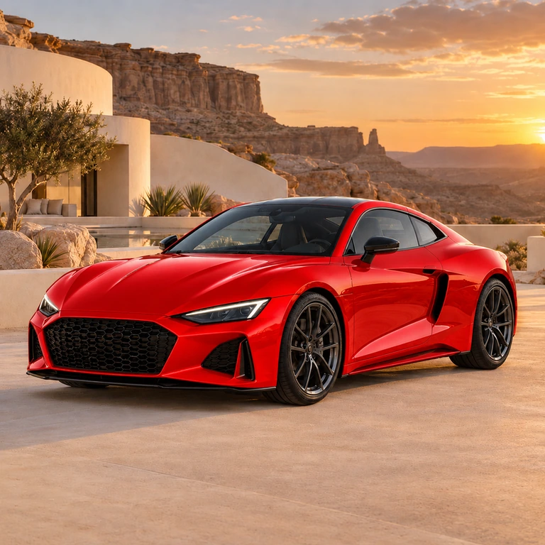 Vermilion red: Cobalt-blue sports coupe changed to vermilion red in the same sunset resort