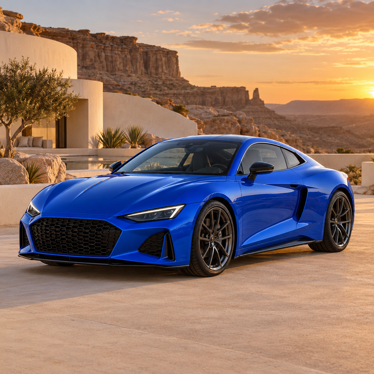Original: Cobalt-blue sports coupe changed to vermilion red in the same sunset resort