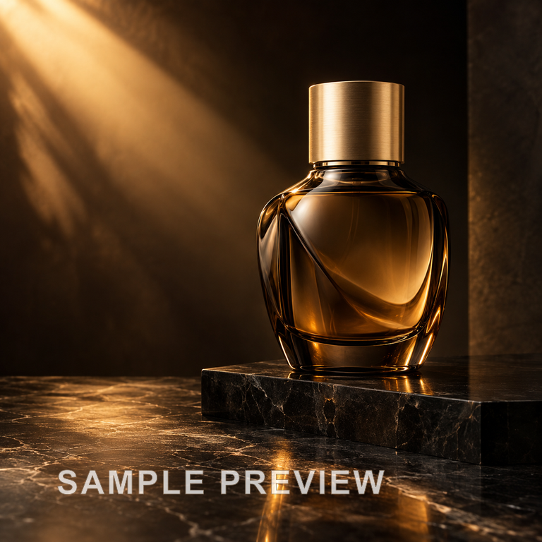 Original: Amber perfume bottle before and after removing the SAMPLE PREVIEW overlay