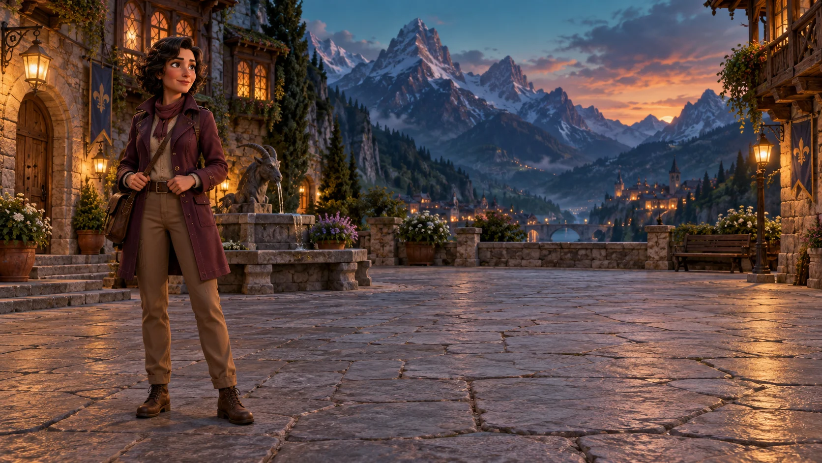 An animated woman in a plum coat at the left edge of an alpine stone square.