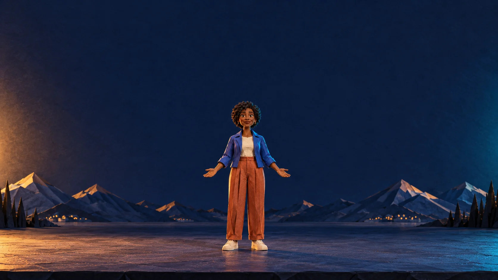 A blue-jacketed paper character standing on a crafted mountain stage.