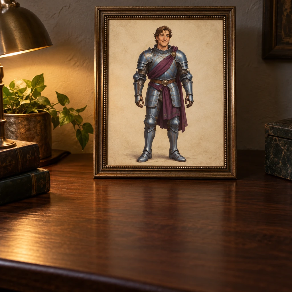 An illustrated knight in a bronze frame on a wooden desk