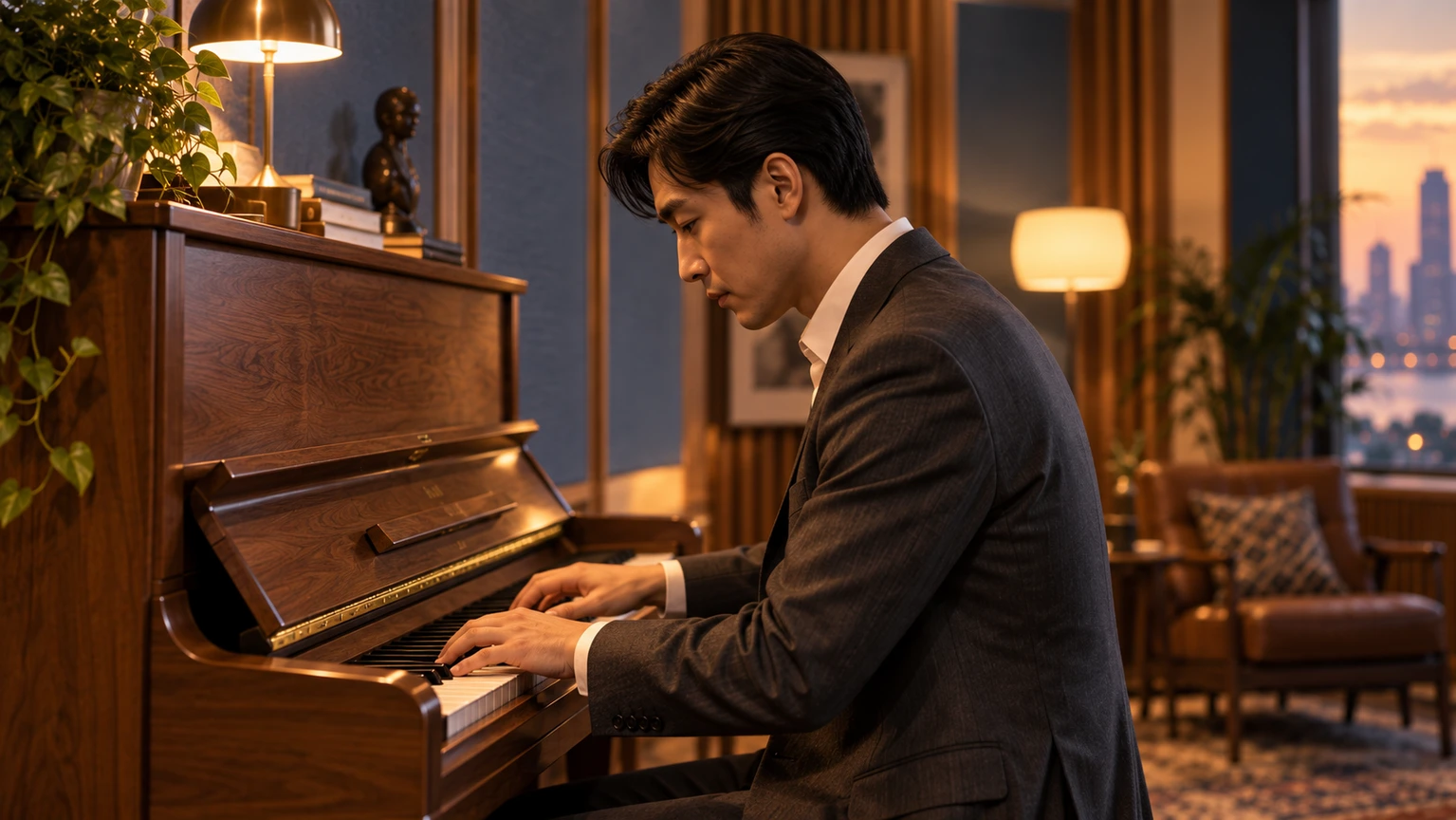 Closer framing of the same pianist and piano