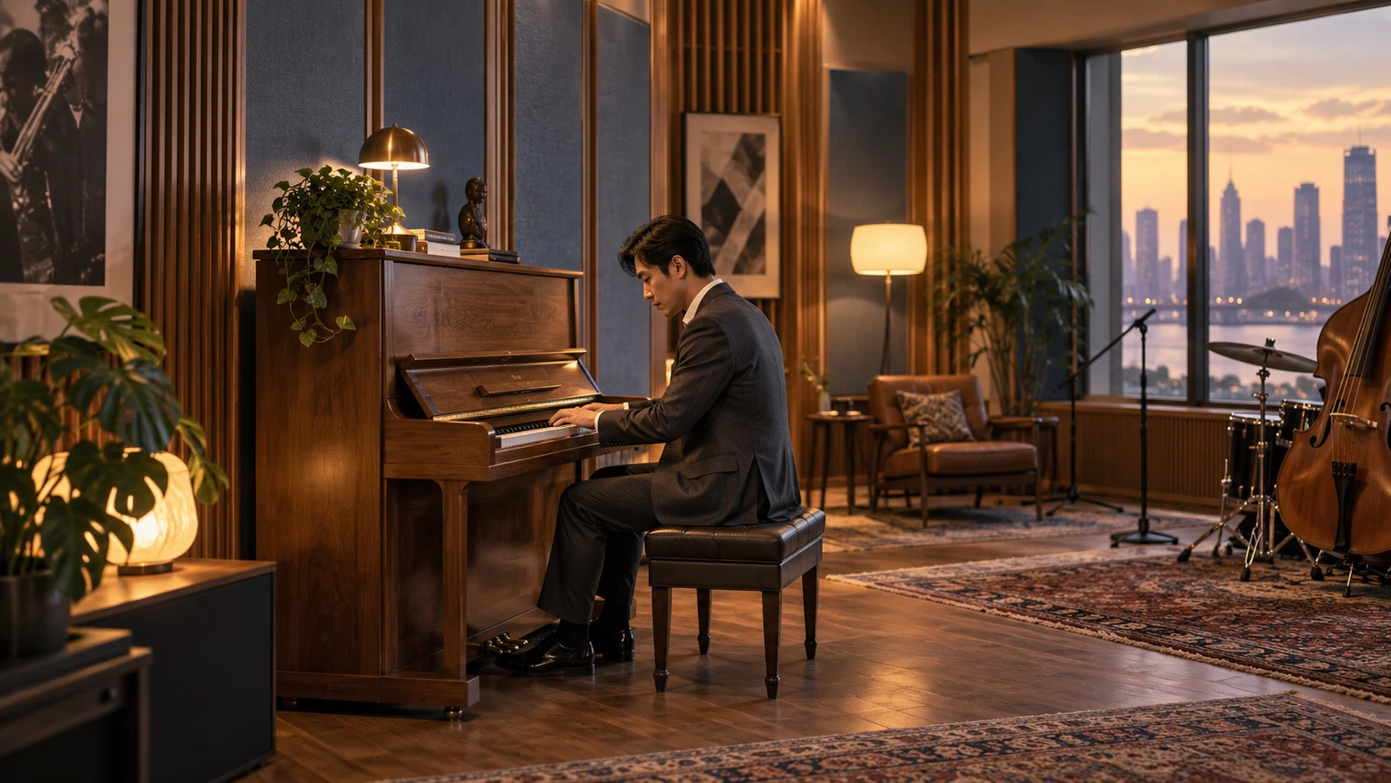 Wide composition of a pianist at a grand piano in a sunlit studio