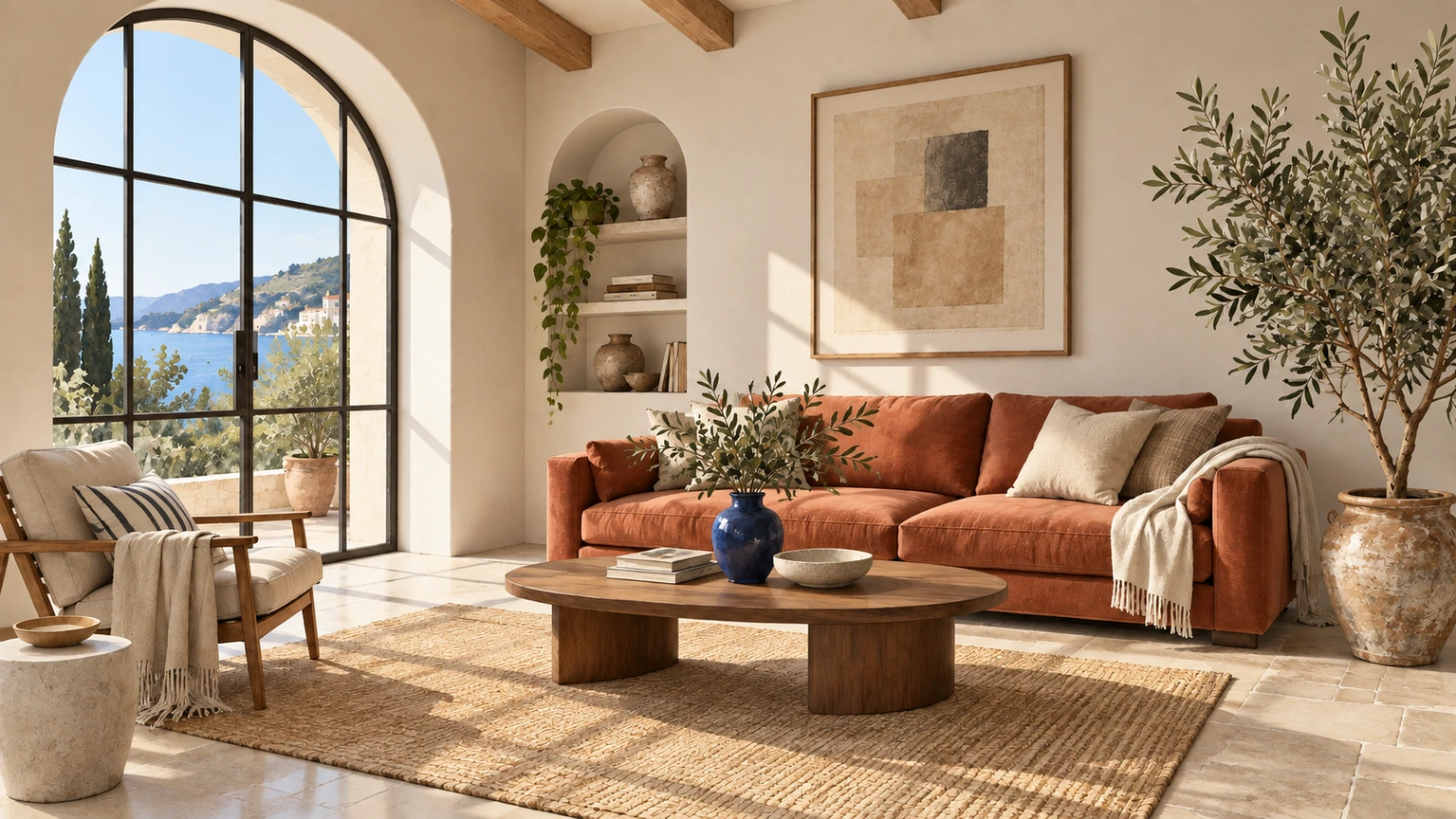 Photographic interpretation of the sketched room with the same main furniture layout