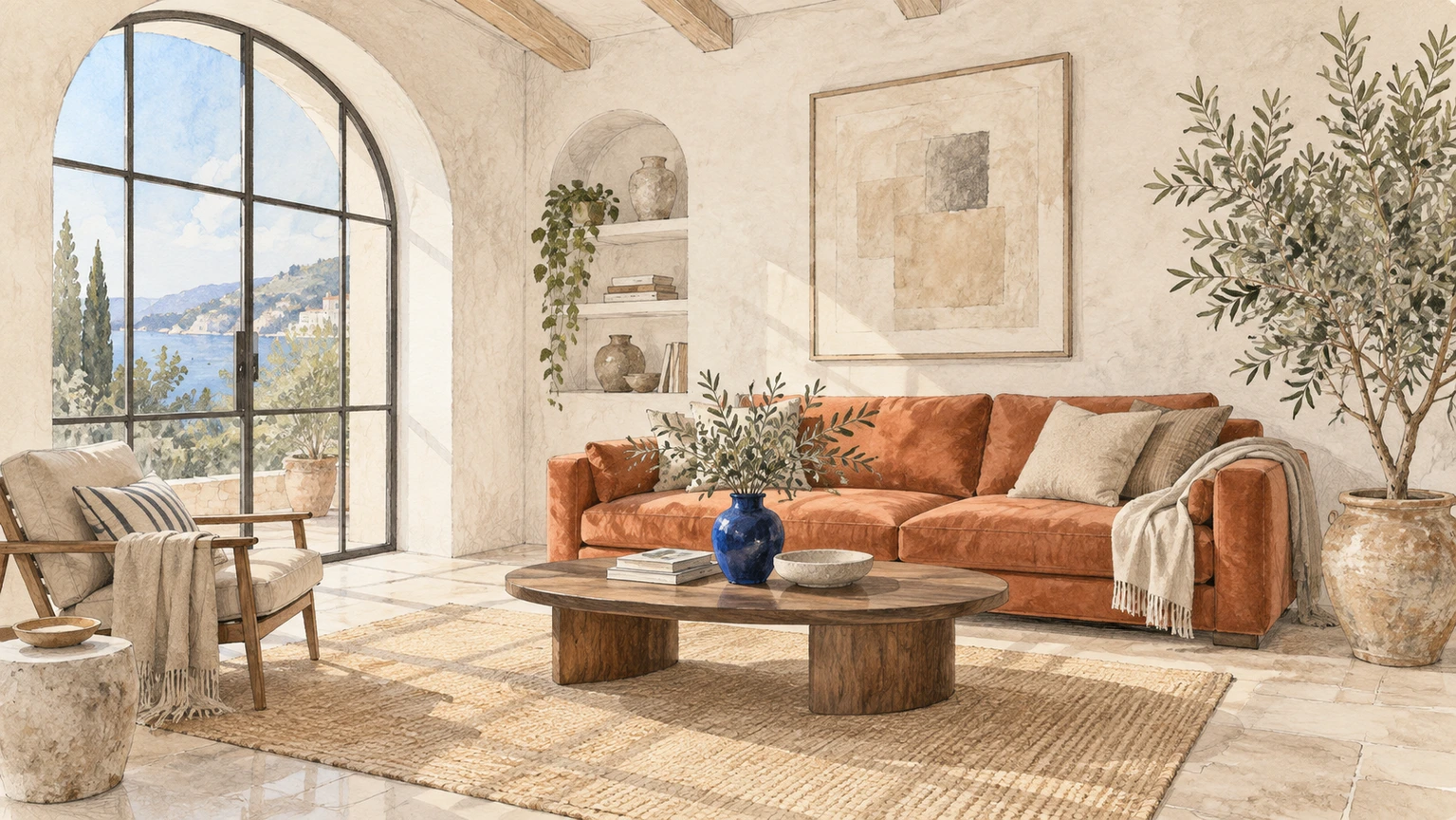 Watercolor sketch of a living room with an arched window and terracotta sofa