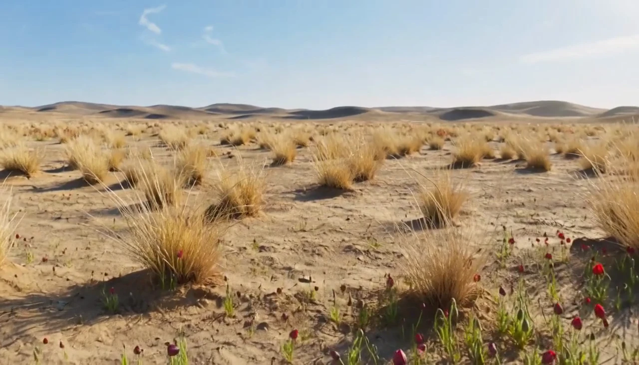 A desert opens into a field of flowers