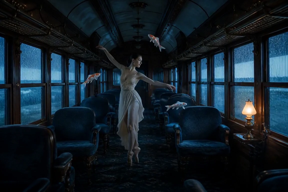 A porcelain train carries a moving koi world