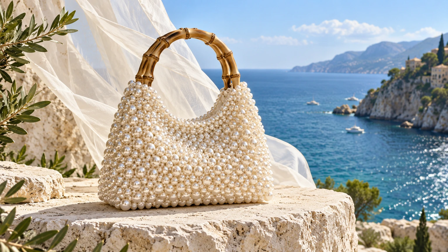 A pearl handbag in a bright coastal product campaign.