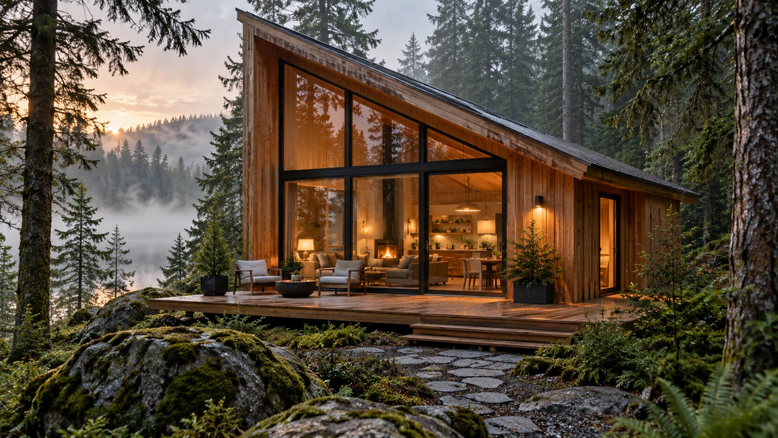 A contemporary cabin built into a quiet forest setting.