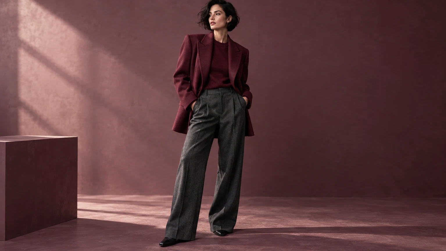 An adult fashion model wearing a burgundy jacket in an editorial studio.
