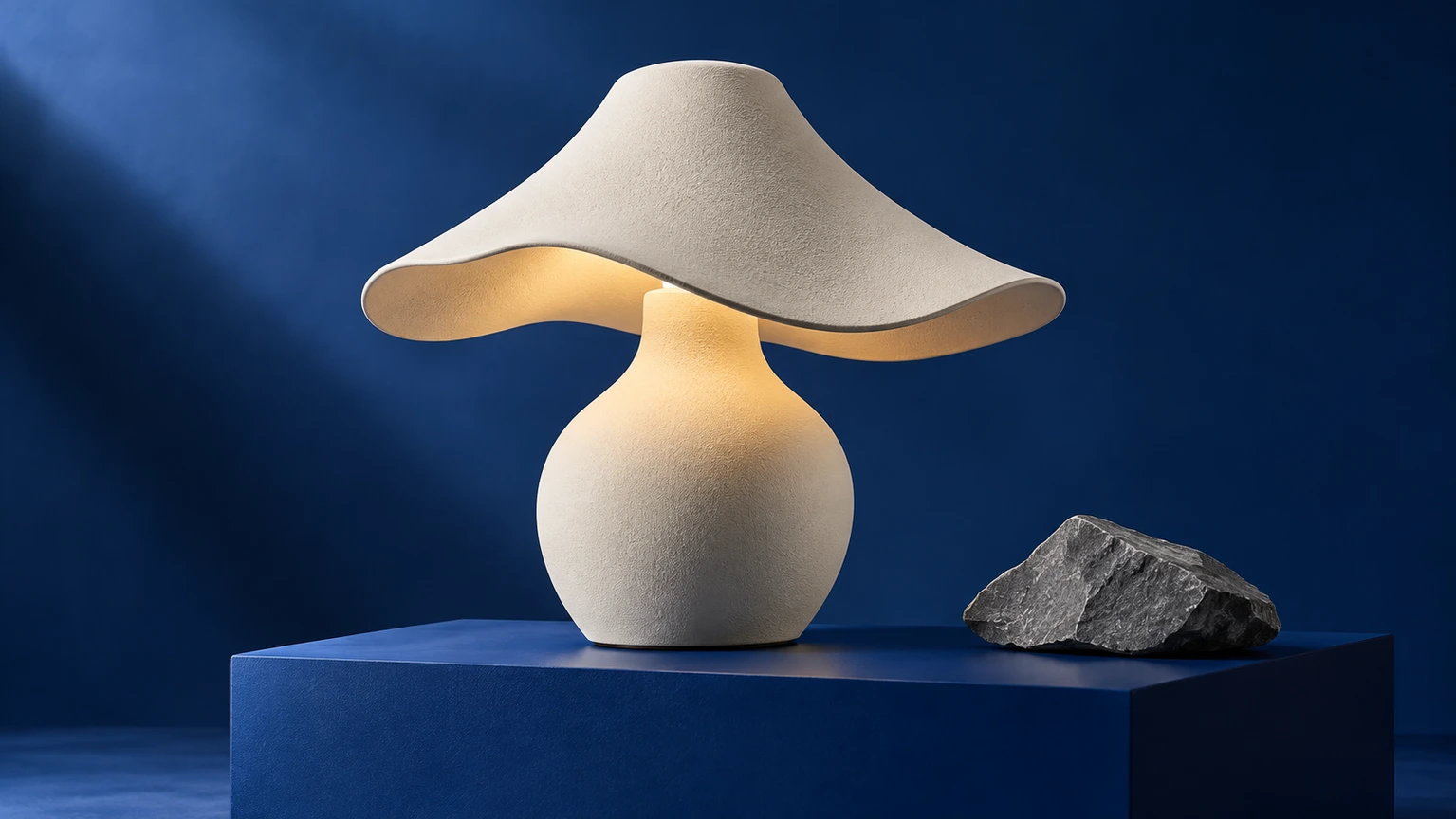 A ceramic table lamp on a blue studio set with soft controlled light.