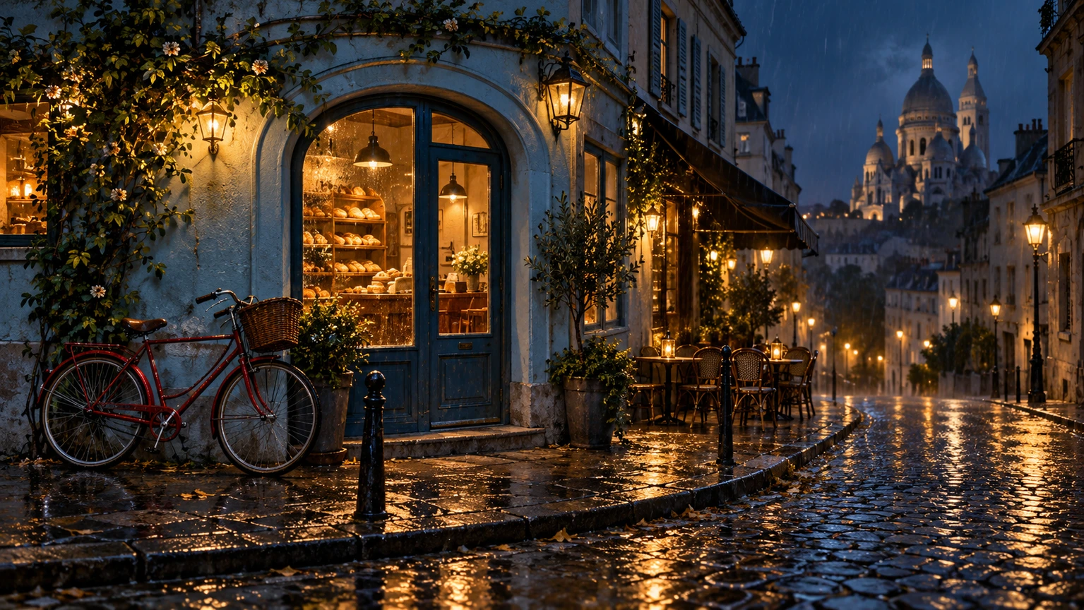 A photorealistic corner café after rain with warm windows and wet street reflections.