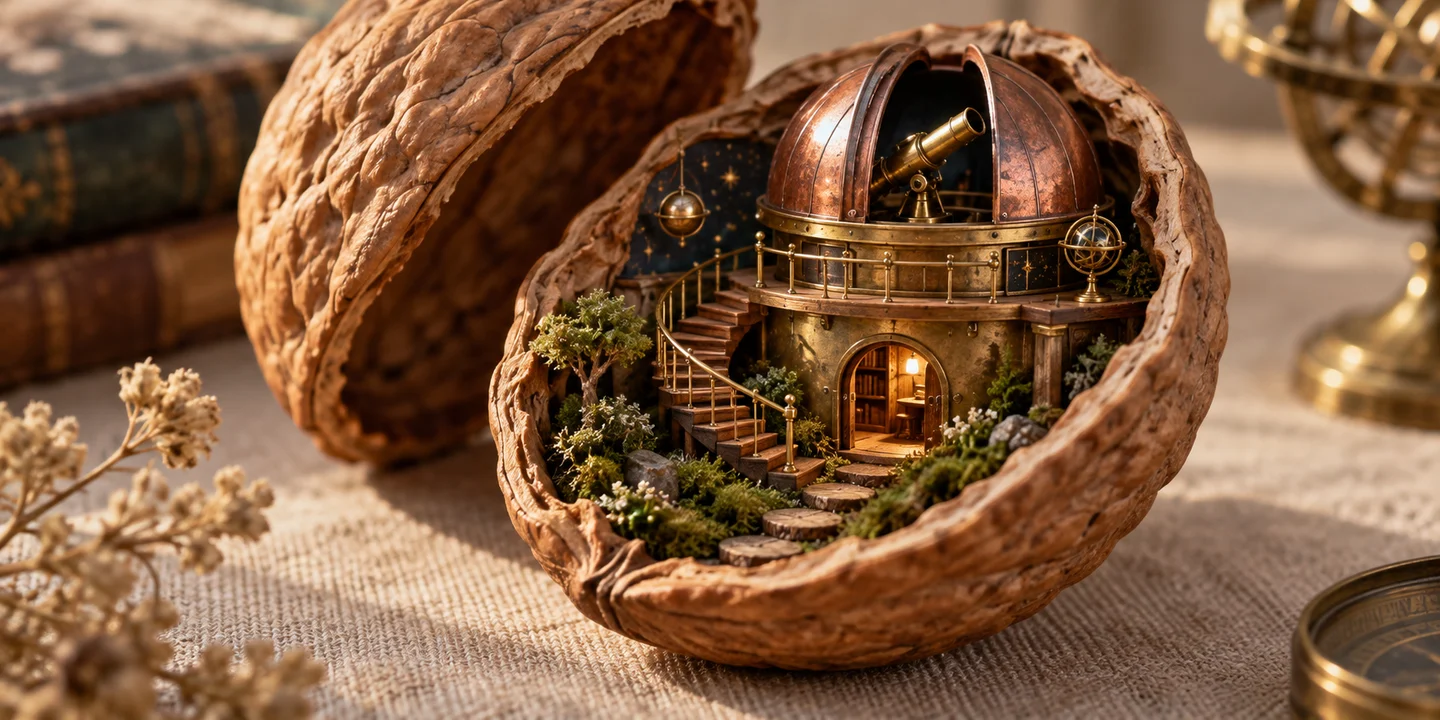 A miniature house inside a walnut