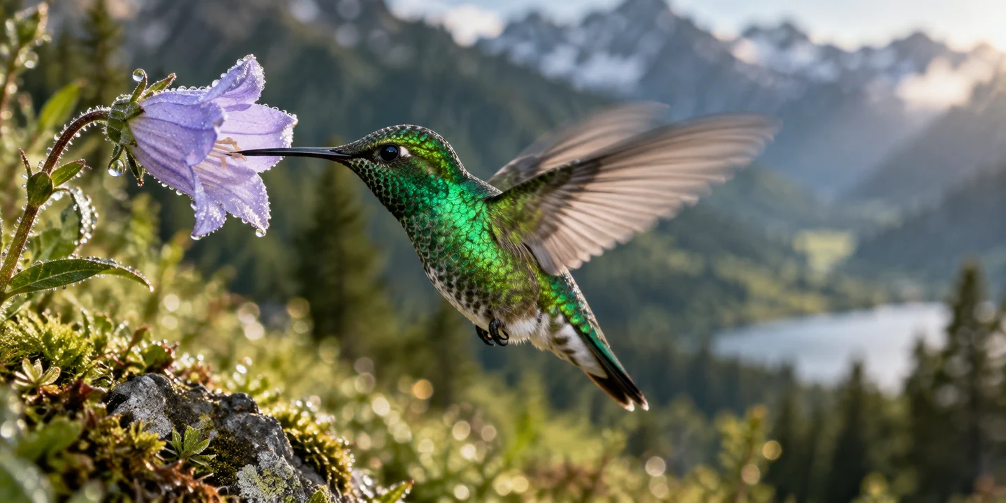 Hummingbird among sunlit wildflowers