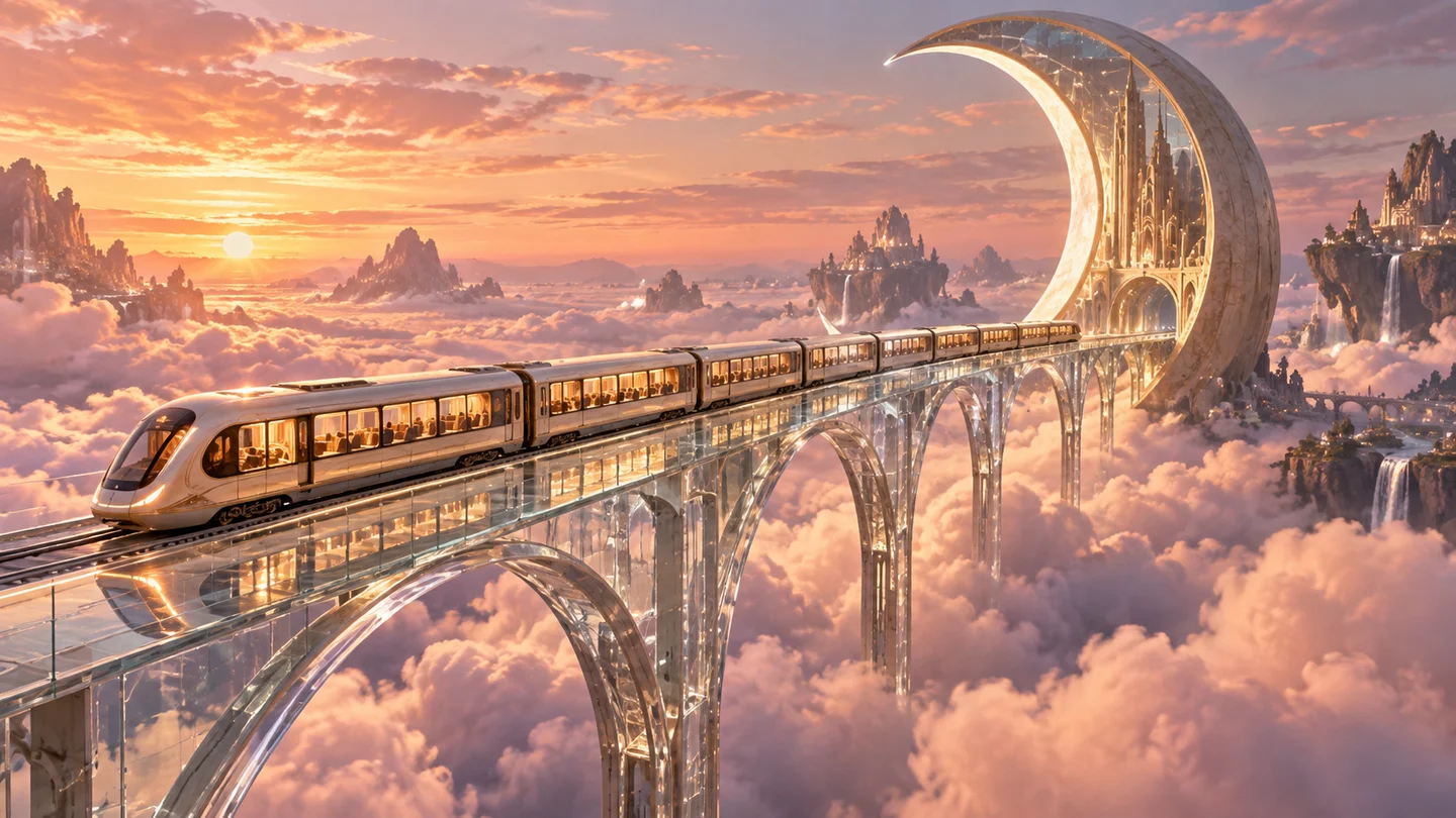 A golden train above a sea of clouds