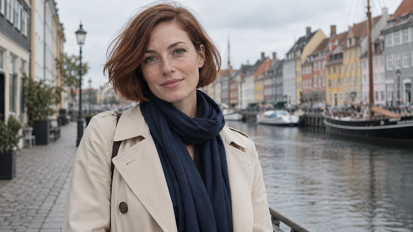The same auburn-haired woman beside a Copenhagen canal