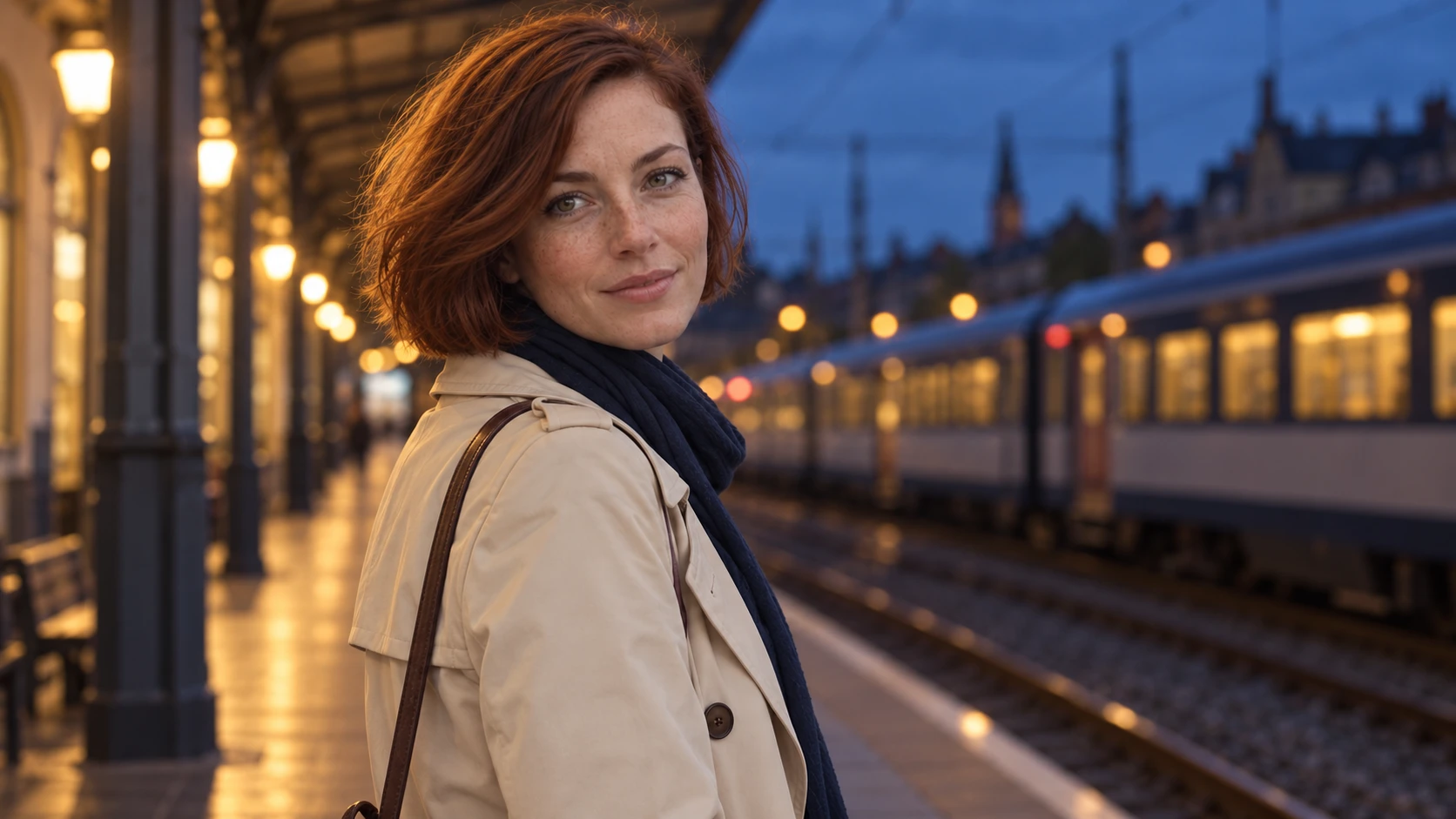 The same woman on a European train platform at dusk