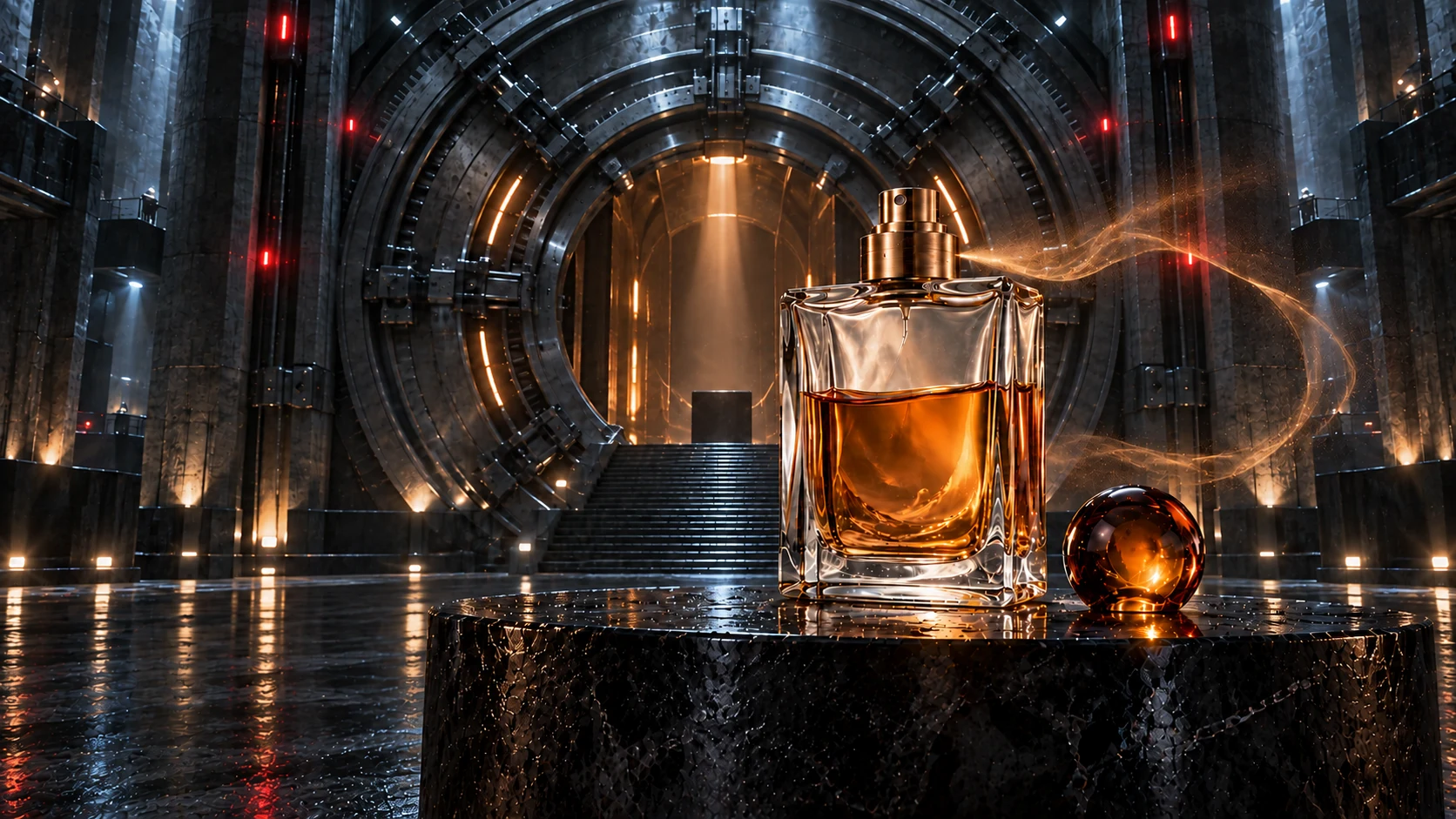 An amber perfume bottle in a cinematic vault