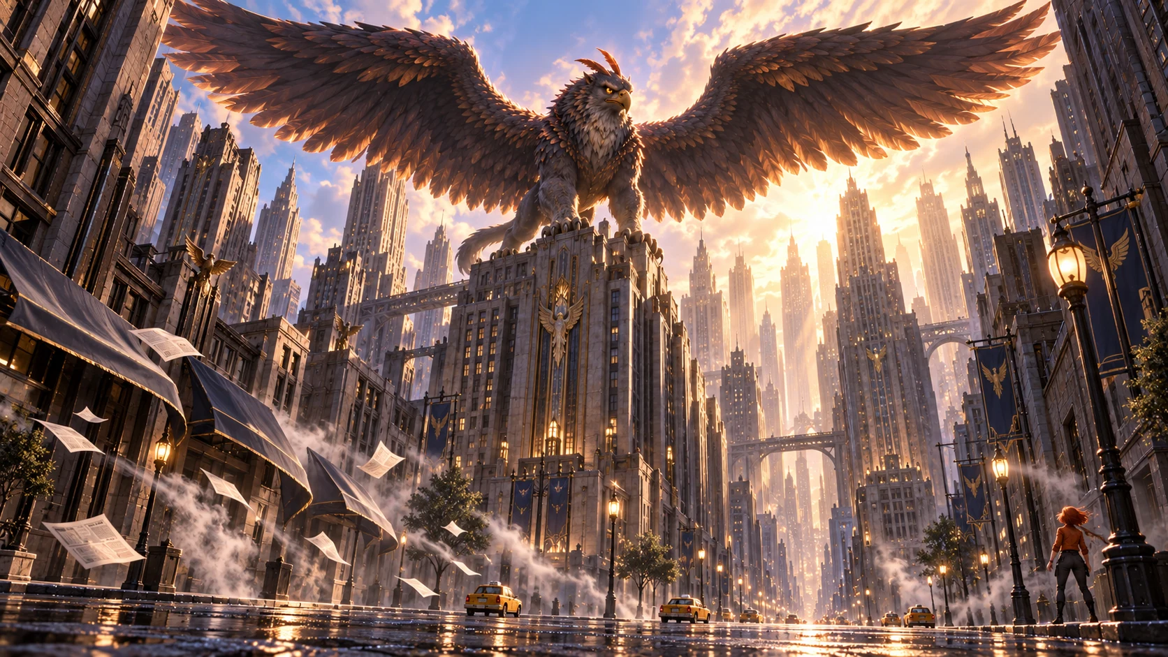 A giant winged creature above an illustrated city
