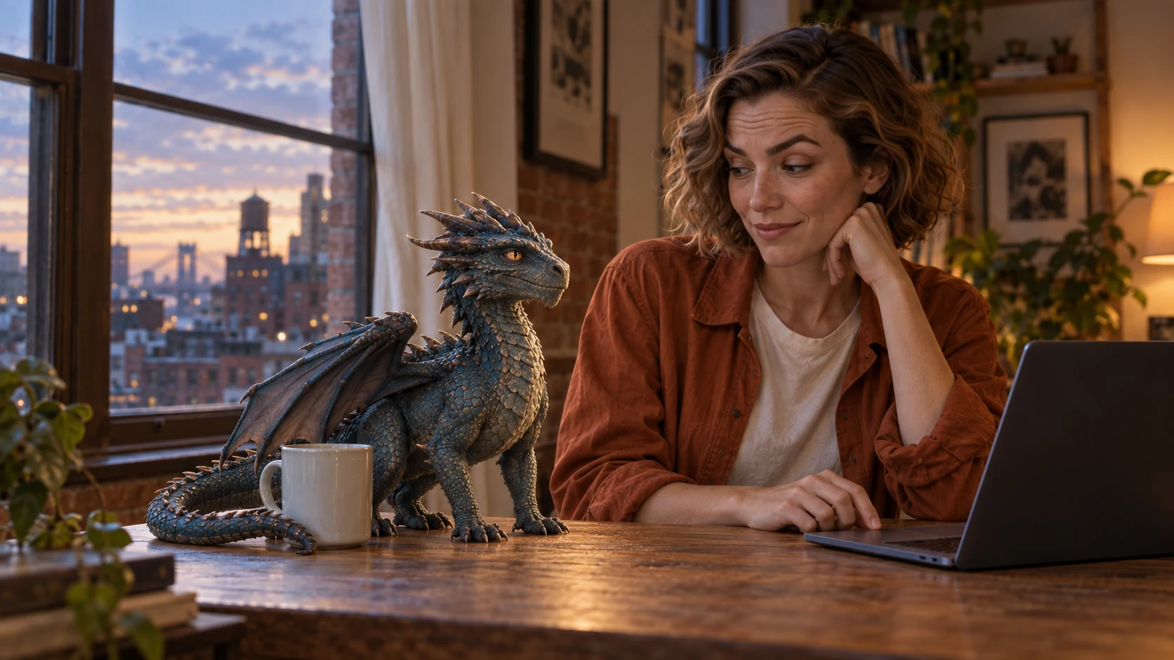 A small dragon beside a woman at her desk