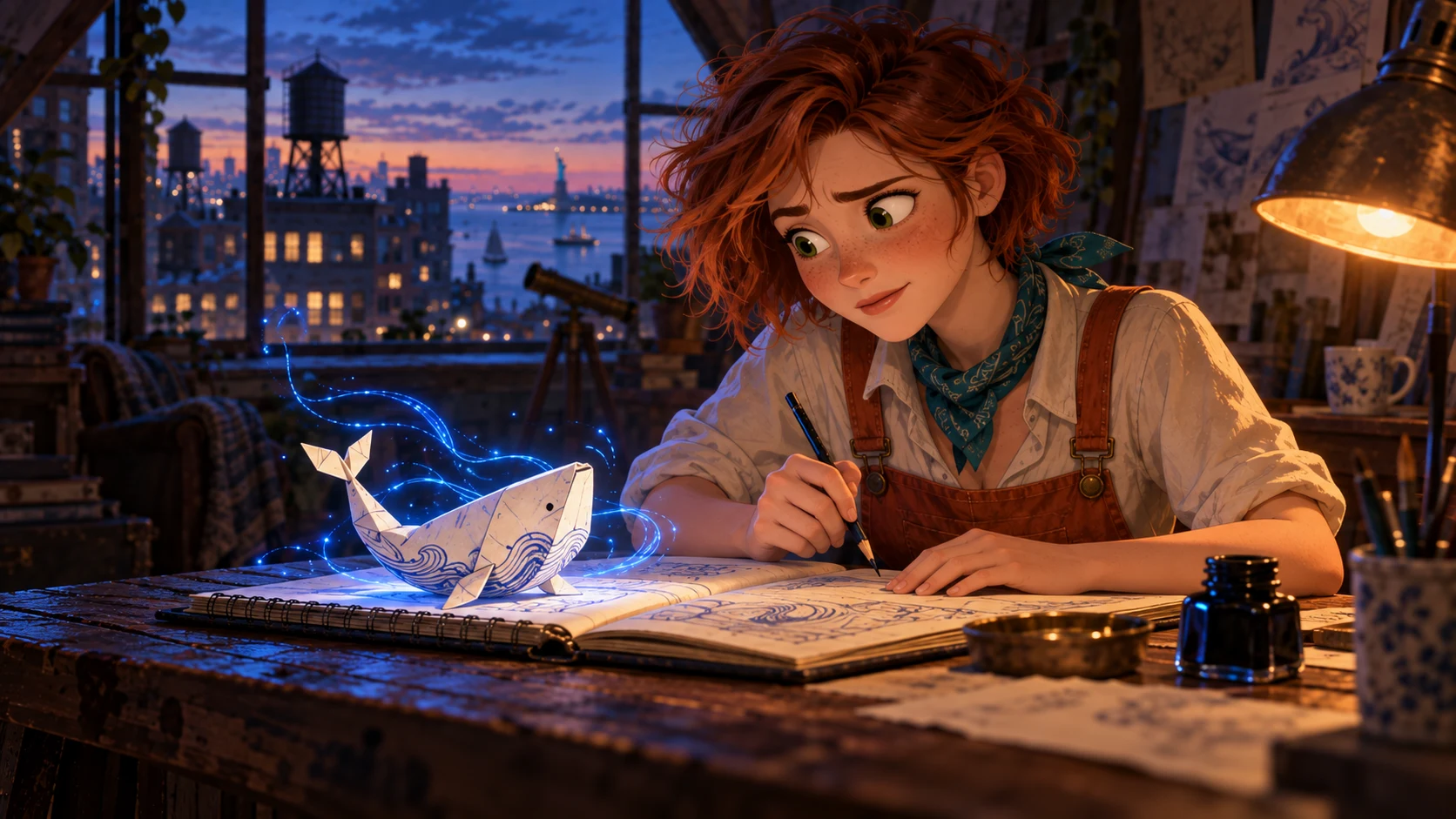 An artist sketching a luminous paper whale