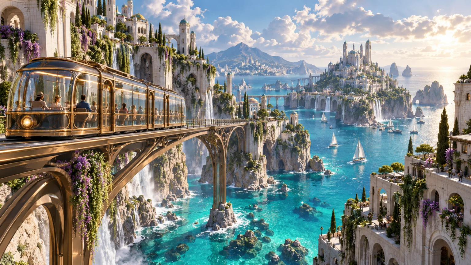 A glass railway winds through a bright coastal city on limestone cliffs.