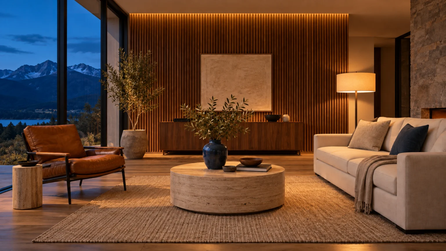 The same room edited with warm evening light