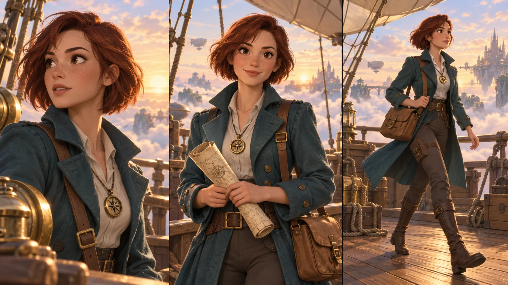 Three illustrated views of a red-haired explorer in a teal coat aboard an airship.