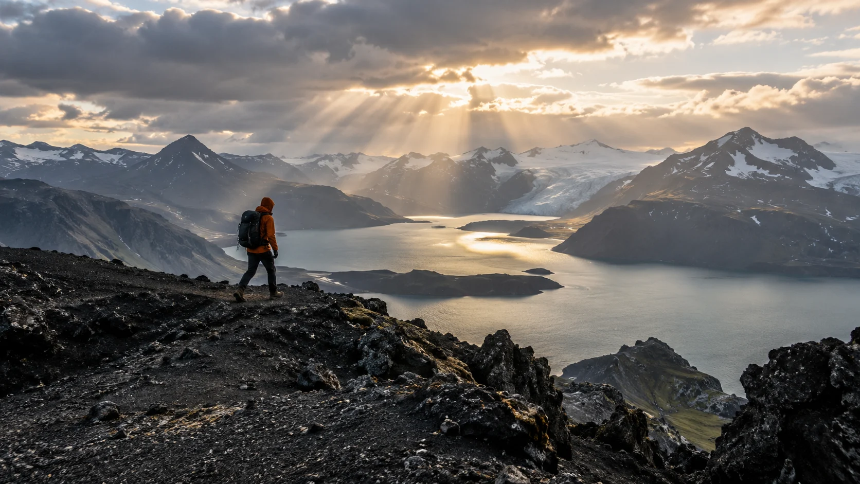 An orange-jacketed hiker overlooking a sunlit alpine lake