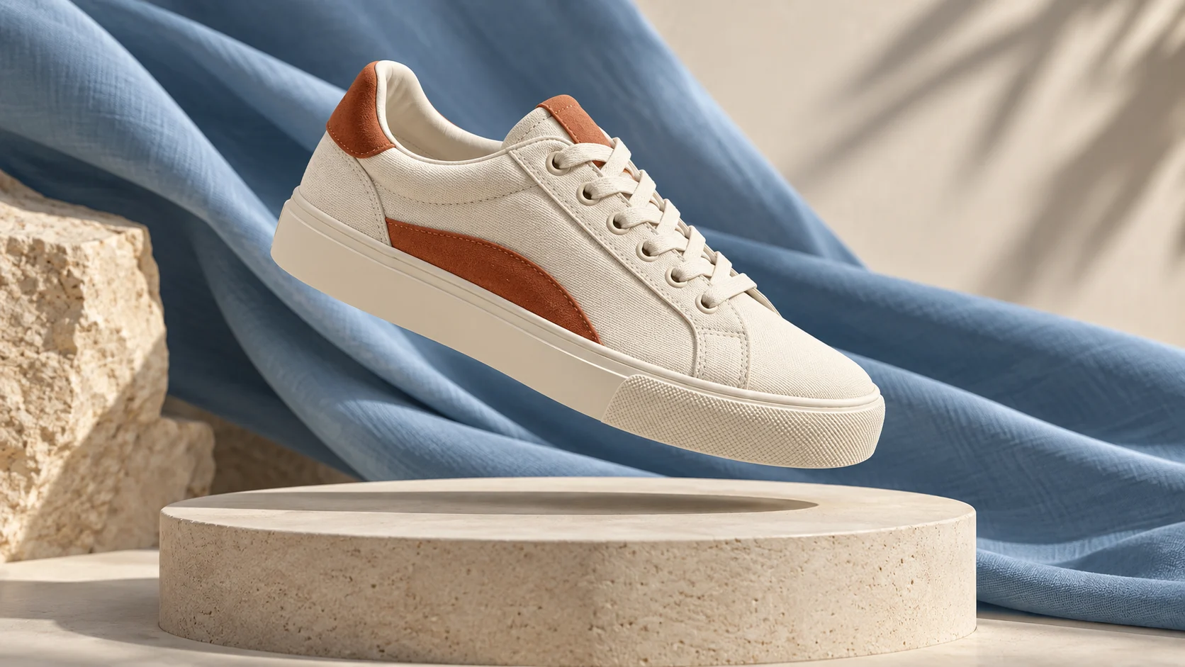 Cream and terracotta sneaker floating above a limestone plinth