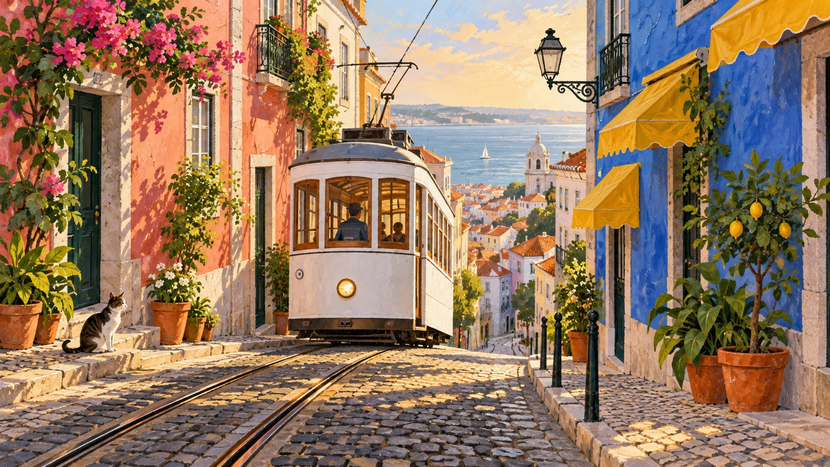 Painted Lisbon street with a vintage tram, flowers and a cat
