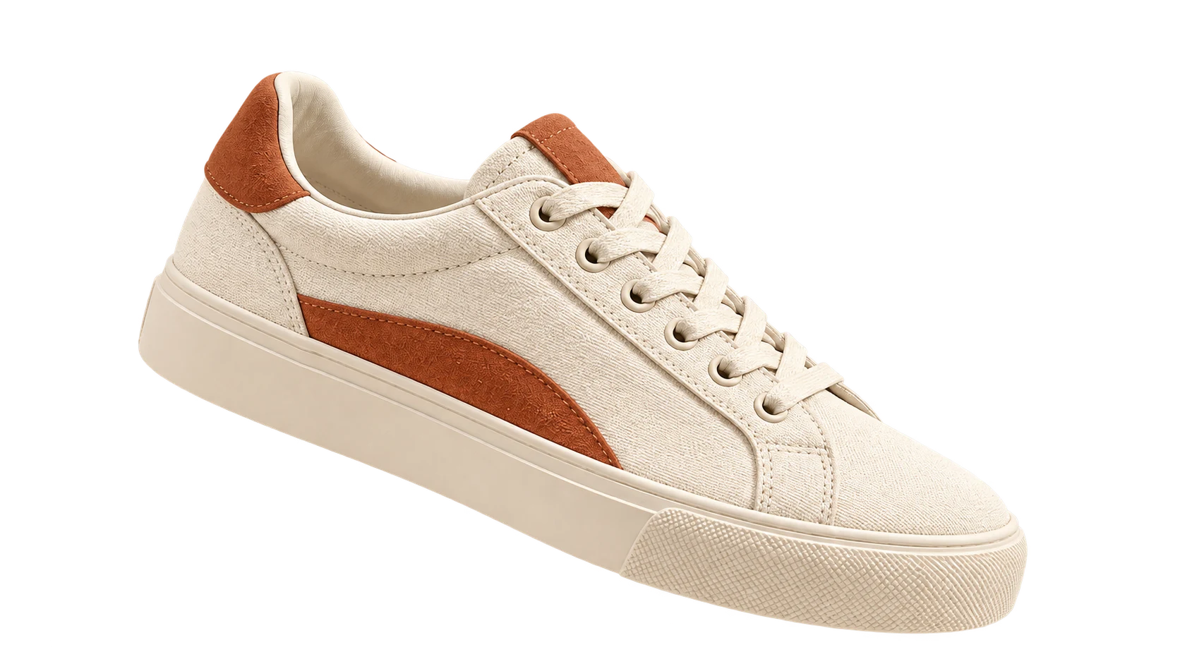 A cream and terracotta sneaker shown as an isolated product.
