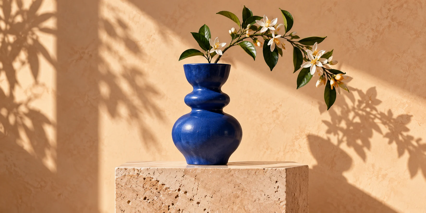 Blue ceramic vase and flowering branches on a pale stone pedestal.